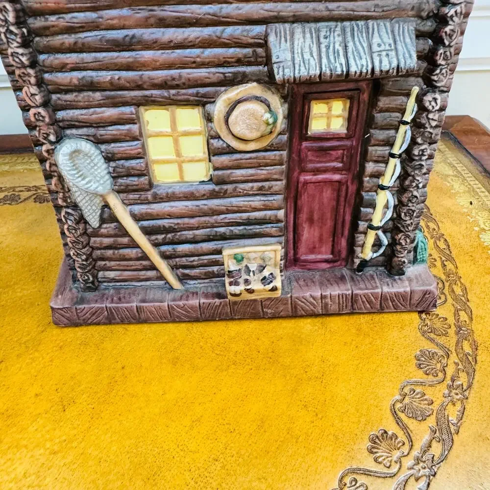 GONE FISHING Ceramic Log Cabin Tissue Paper Holder Rustic Fisherman Rare